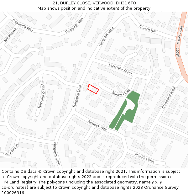 21, BURLEY CLOSE, VERWOOD, BH31 6TQ: Location map and indicative extent of plot