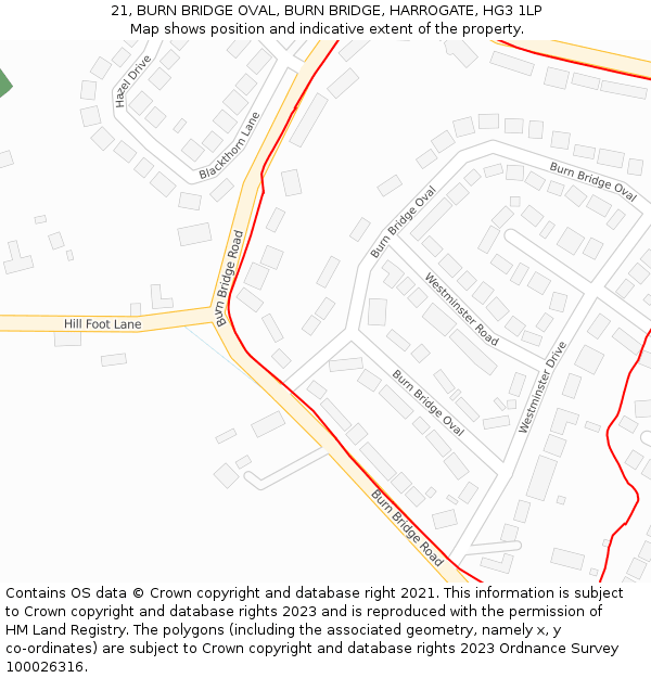 21, BURN BRIDGE OVAL, BURN BRIDGE, HARROGATE, HG3 1LP: Location map and indicative extent of plot
