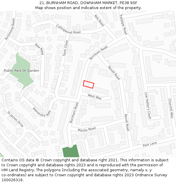 21, BURNHAM ROAD, DOWNHAM MARKET, PE38 9SF: Location map and indicative extent of plot