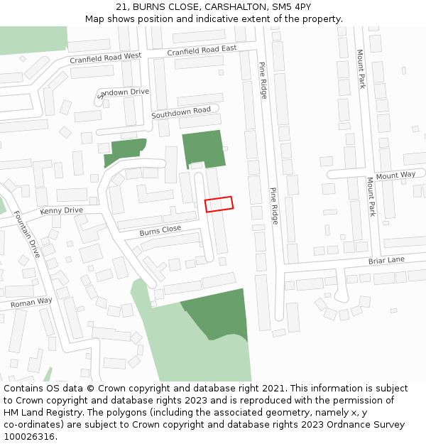 21, BURNS CLOSE, CARSHALTON, SM5 4PY: Location map and indicative extent of plot