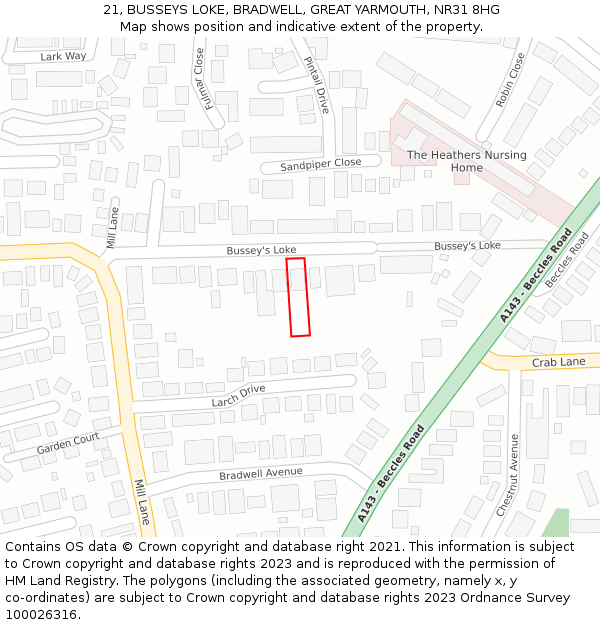 21, BUSSEYS LOKE, BRADWELL, GREAT YARMOUTH, NR31 8HG: Location map and indicative extent of plot