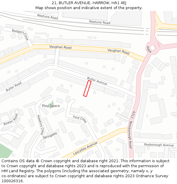 21, BUTLER AVENUE, HARROW, HA1 4EJ: Location map and indicative extent of plot
