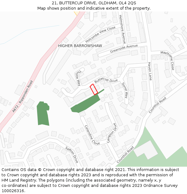 21, BUTTERCUP DRIVE, OLDHAM, OL4 2QS: Location map and indicative extent of plot