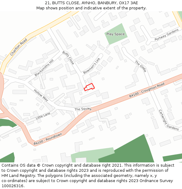 21, BUTTS CLOSE, AYNHO, BANBURY, OX17 3AE: Location map and indicative extent of plot