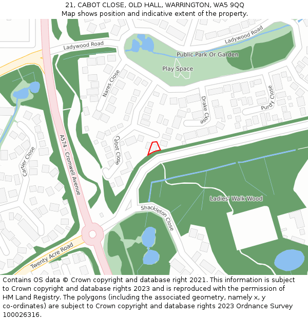 21, CABOT CLOSE, OLD HALL, WARRINGTON, WA5 9QQ: Location map and indicative extent of plot