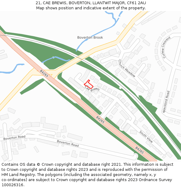 21, CAE BREWIS, BOVERTON, LLANTWIT MAJOR, CF61 2AU: Location map and indicative extent of plot