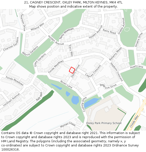 21, CAGNEY CRESCENT, OXLEY PARK, MILTON KEYNES, MK4 4TL: Location map and indicative extent of plot