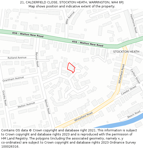 21, CALDERFIELD CLOSE, STOCKTON HEATH, WARRINGTON, WA4 6PJ: Location map and indicative extent of plot