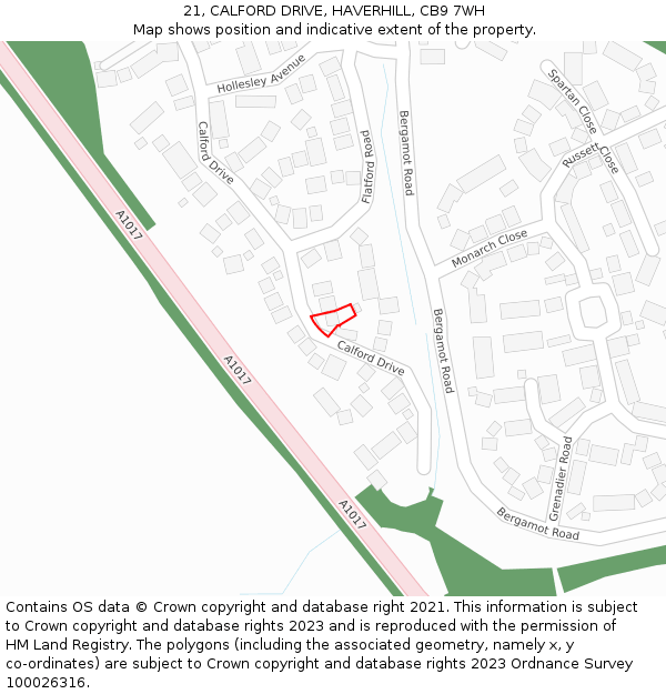 21, CALFORD DRIVE, HAVERHILL, CB9 7WH: Location map and indicative extent of plot