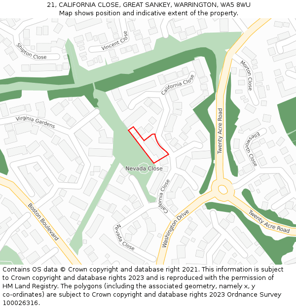 21, CALIFORNIA CLOSE, GREAT SANKEY, WARRINGTON, WA5 8WU: Location map and indicative extent of plot