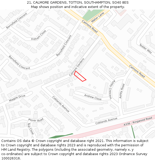 21, CALMORE GARDENS, TOTTON, SOUTHAMPTON, SO40 8ES: Location map and indicative extent of plot