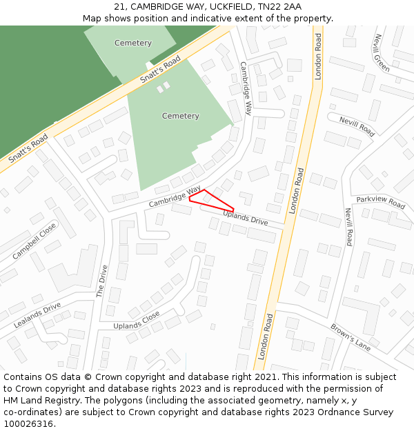 21, CAMBRIDGE WAY, UCKFIELD, TN22 2AA: Location map and indicative extent of plot