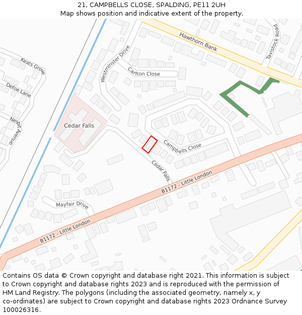 21, CAMPBELLS CLOSE, SPALDING, PE11 2UH: Location map and indicative extent of plot