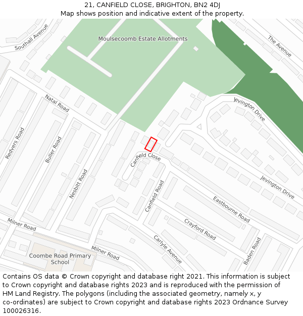 21, CANFIELD CLOSE, BRIGHTON, BN2 4DJ: Location map and indicative extent of plot