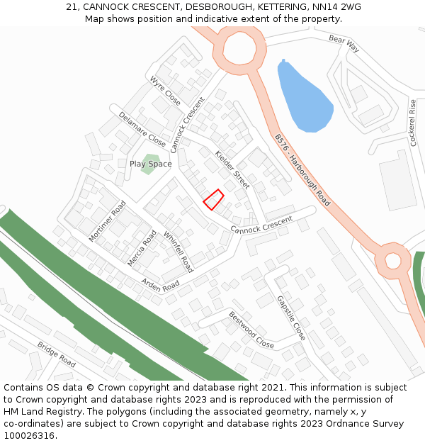 21, CANNOCK CRESCENT, DESBOROUGH, KETTERING, NN14 2WG: Location map and indicative extent of plot