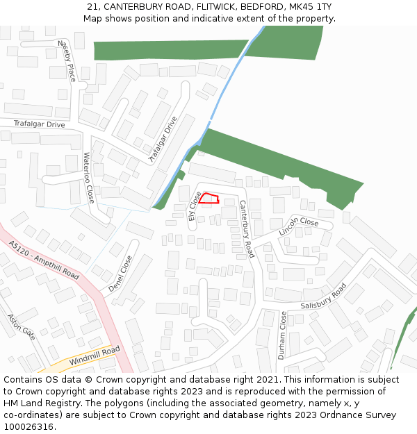 21, CANTERBURY ROAD, FLITWICK, BEDFORD, MK45 1TY: Location map and indicative extent of plot