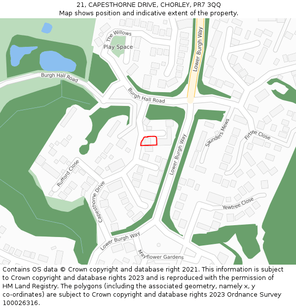 21, CAPESTHORNE DRIVE, CHORLEY, PR7 3QQ: Location map and indicative extent of plot