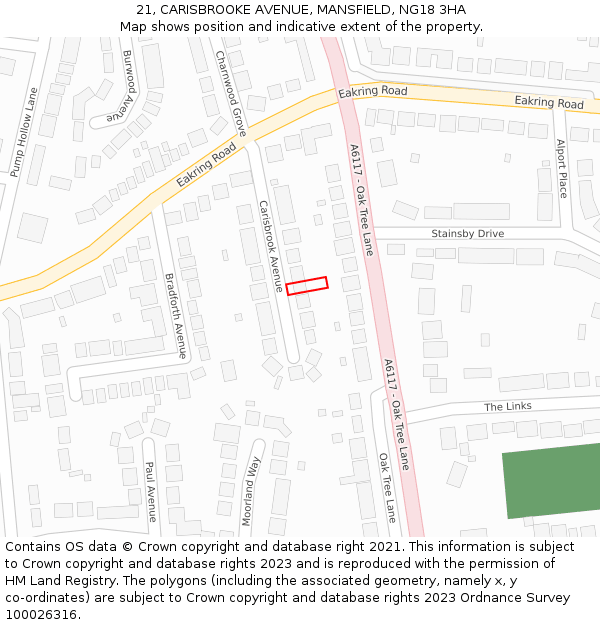 21, CARISBROOKE AVENUE, MANSFIELD, NG18 3HA: Location map and indicative extent of plot