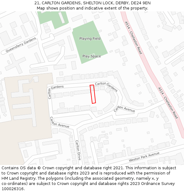 21, CARLTON GARDENS, SHELTON LOCK, DERBY, DE24 9EN: Location map and indicative extent of plot