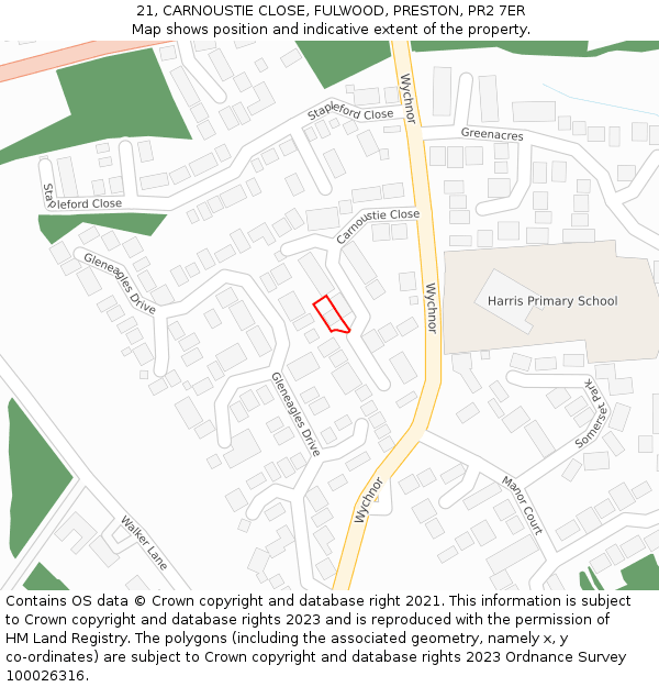 21, CARNOUSTIE CLOSE, FULWOOD, PRESTON, PR2 7ER: Location map and indicative extent of plot