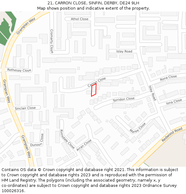 21, CARRON CLOSE, SINFIN, DERBY, DE24 9LH: Location map and indicative extent of plot