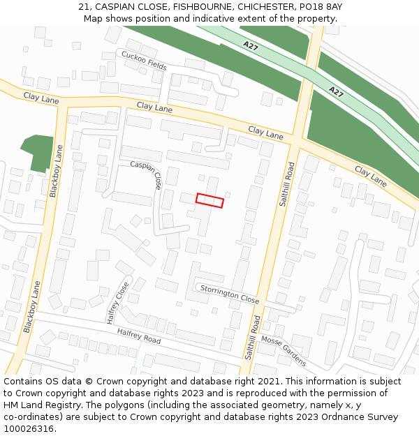 21, CASPIAN CLOSE, FISHBOURNE, CHICHESTER, PO18 8AY: Location map and indicative extent of plot