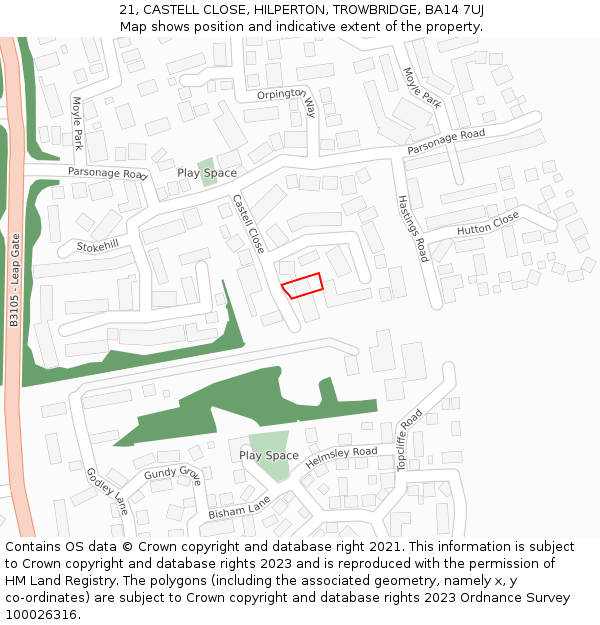 21, CASTELL CLOSE, HILPERTON, TROWBRIDGE, BA14 7UJ: Location map and indicative extent of plot