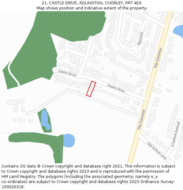 21, CASTLE DRIVE, ADLINGTON, CHORLEY, PR7 4EA: Location map and indicative extent of plot