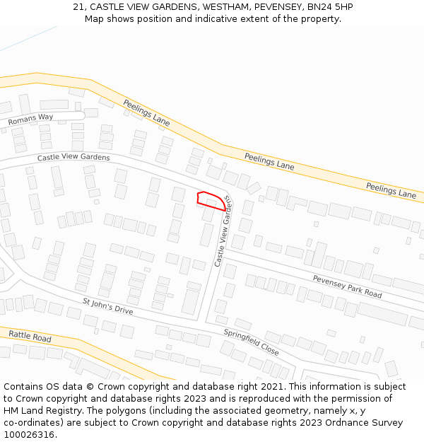 21, CASTLE VIEW GARDENS, WESTHAM, PEVENSEY, BN24 5HP: Location map and indicative extent of plot