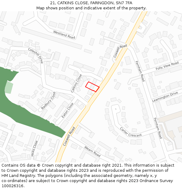 21, CATKINS CLOSE, FARINGDON, SN7 7FA: Location map and indicative extent of plot