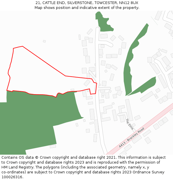 21, CATTLE END, SILVERSTONE, TOWCESTER, NN12 8UX: Location map and indicative extent of plot