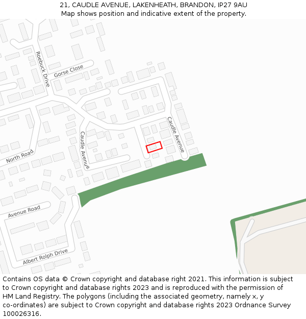 21, CAUDLE AVENUE, LAKENHEATH, BRANDON, IP27 9AU: Location map and indicative extent of plot