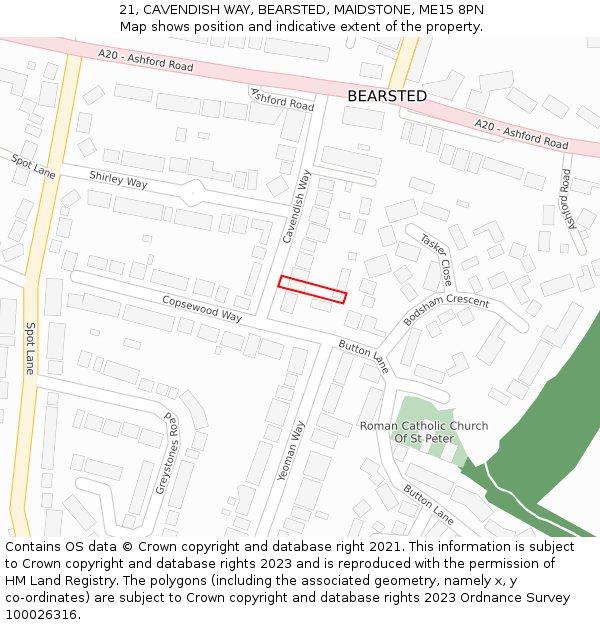 21, CAVENDISH WAY, BEARSTED, MAIDSTONE, ME15 8PN: Location map and indicative extent of plot