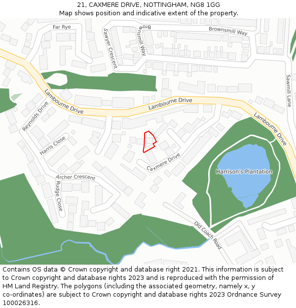 21, CAXMERE DRIVE, NOTTINGHAM, NG8 1GG: Location map and indicative extent of plot