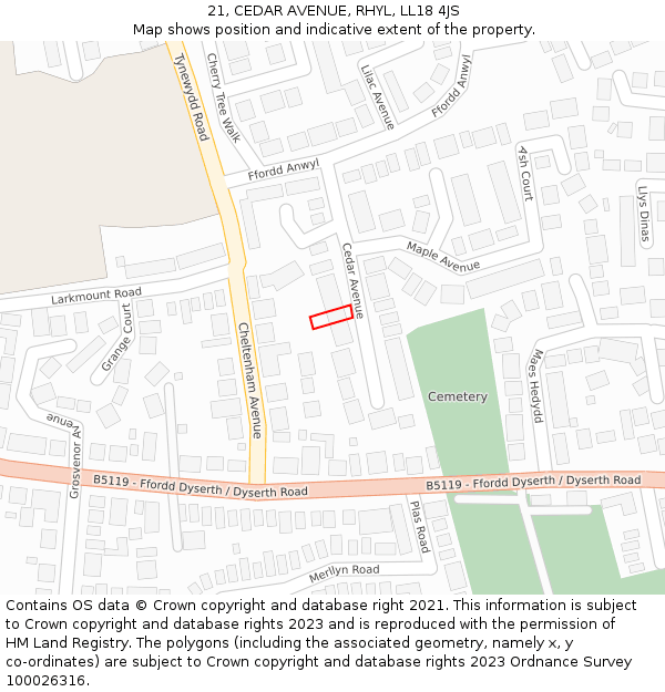 21, CEDAR AVENUE, RHYL, LL18 4JS: Location map and indicative extent of plot