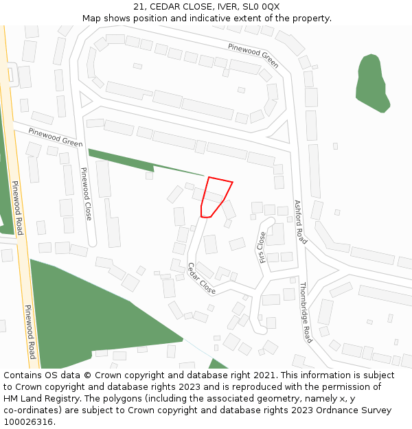 21, CEDAR CLOSE, IVER, SL0 0QX: Location map and indicative extent of plot