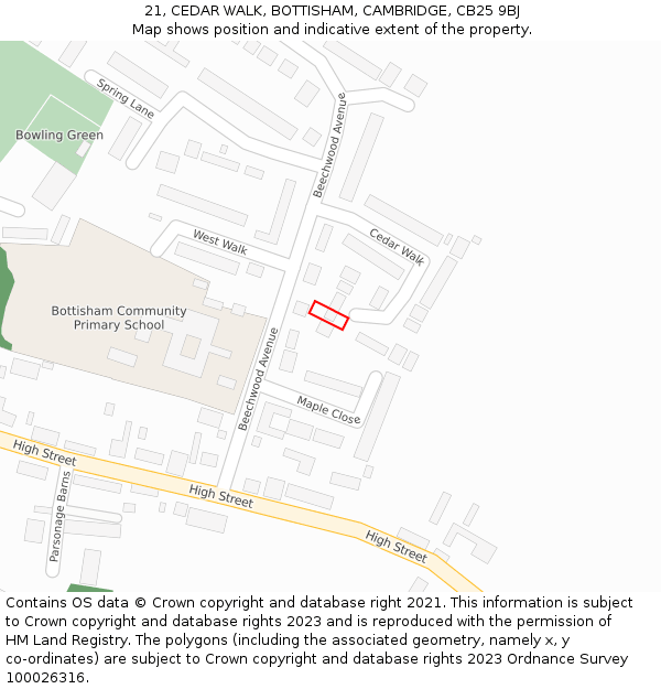 21, CEDAR WALK, BOTTISHAM, CAMBRIDGE, CB25 9BJ: Location map and indicative extent of plot