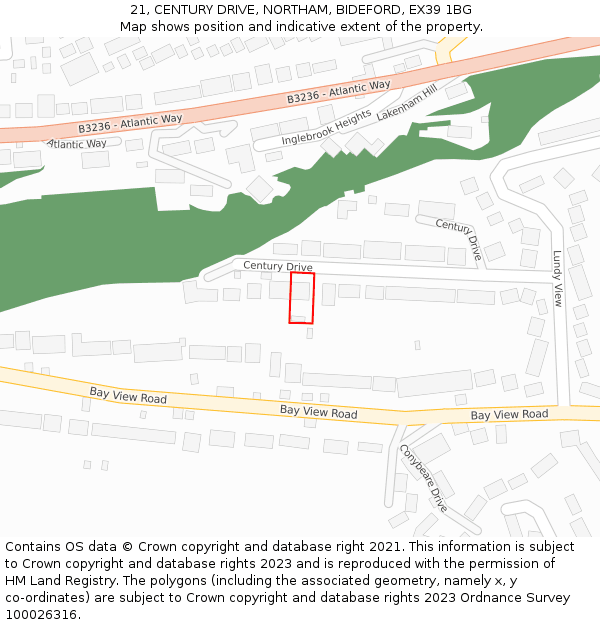 21, CENTURY DRIVE, NORTHAM, BIDEFORD, EX39 1BG: Location map and indicative extent of plot