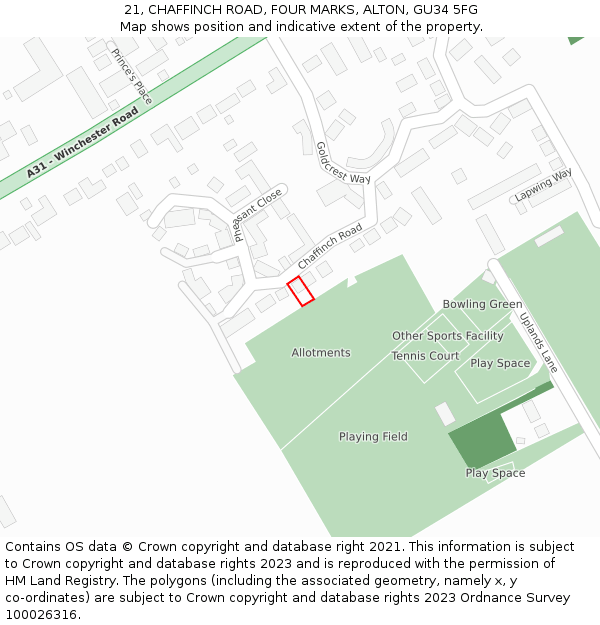 21, CHAFFINCH ROAD, FOUR MARKS, ALTON, GU34 5FG: Location map and indicative extent of plot