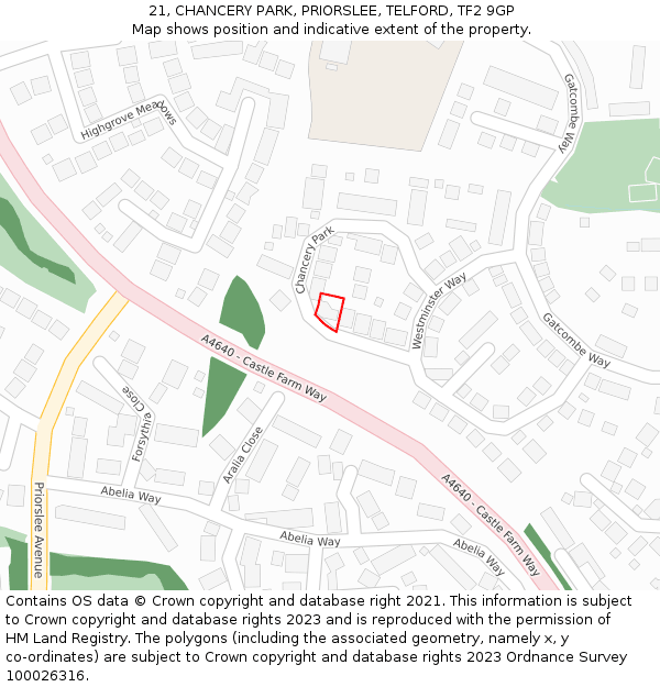 21, CHANCERY PARK, PRIORSLEE, TELFORD, TF2 9GP: Location map and indicative extent of plot