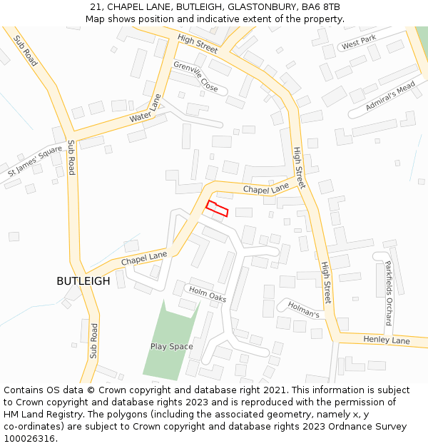 21, CHAPEL LANE, BUTLEIGH, GLASTONBURY, BA6 8TB: Location map and indicative extent of plot