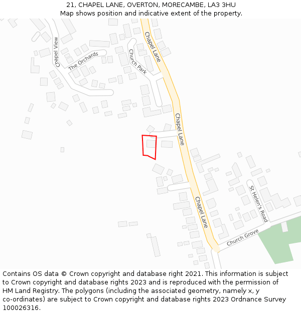 21, CHAPEL LANE, OVERTON, MORECAMBE, LA3 3HU: Location map and indicative extent of plot