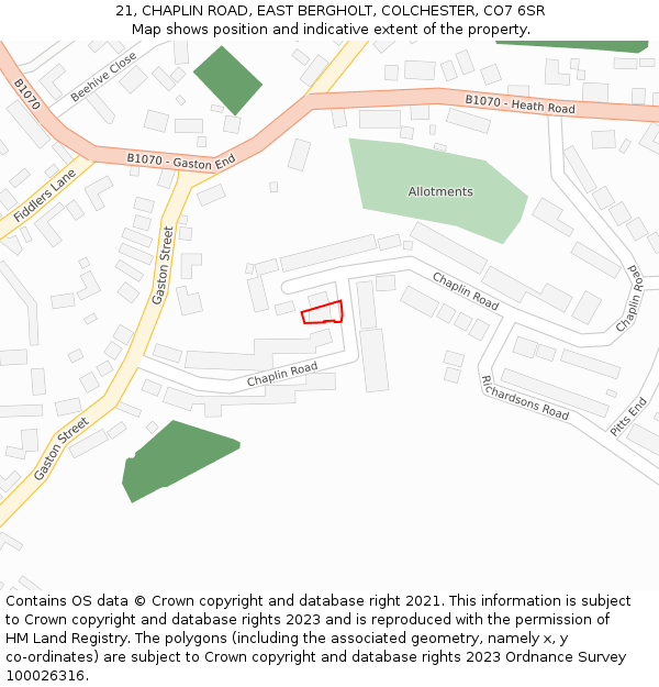 21, CHAPLIN ROAD, EAST BERGHOLT, COLCHESTER, CO7 6SR: Location map and indicative extent of plot