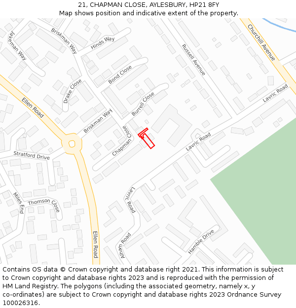 21, CHAPMAN CLOSE, AYLESBURY, HP21 8FY: Location map and indicative extent of plot