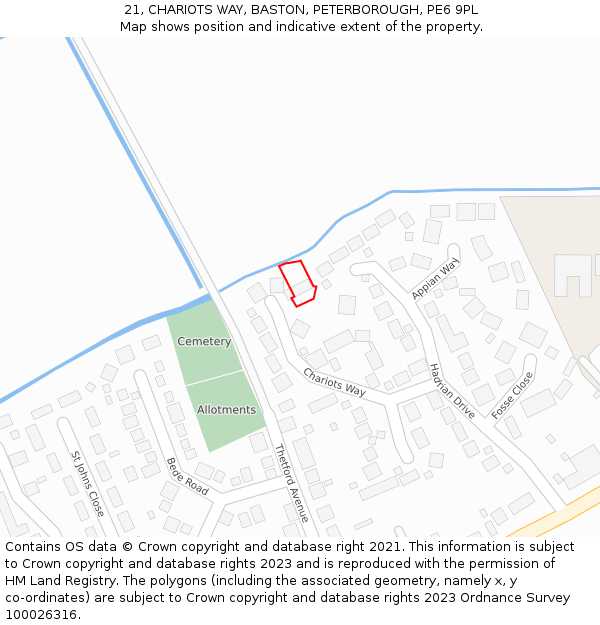 21, CHARIOTS WAY, BASTON, PETERBOROUGH, PE6 9PL: Location map and indicative extent of plot