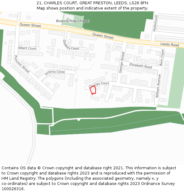 21, CHARLES COURT, GREAT PRESTON, LEEDS, LS26 8FN: Location map and indicative extent of plot