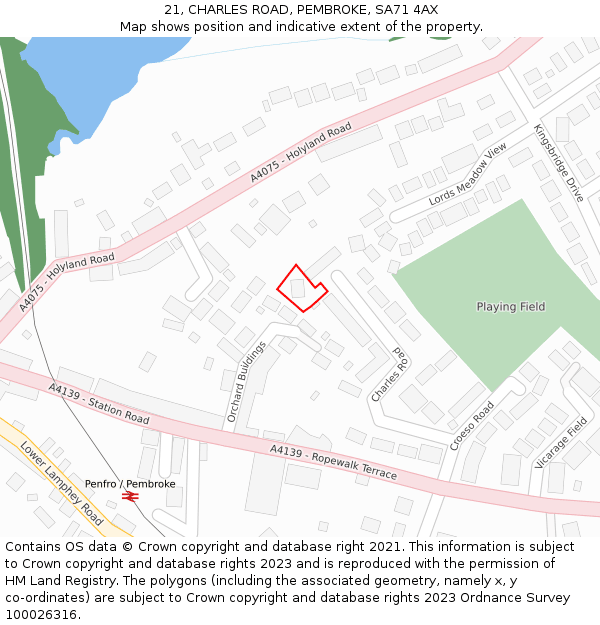 21, CHARLES ROAD, PEMBROKE, SA71 4AX: Location map and indicative extent of plot