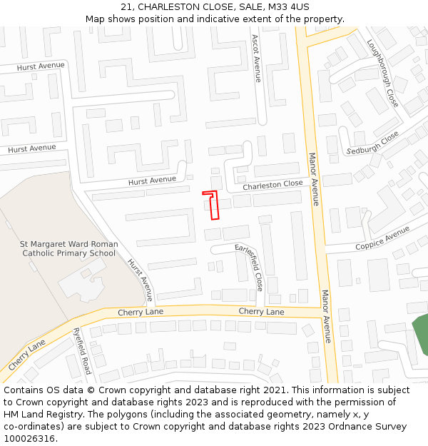 21, CHARLESTON CLOSE, SALE, M33 4US: Location map and indicative extent of plot