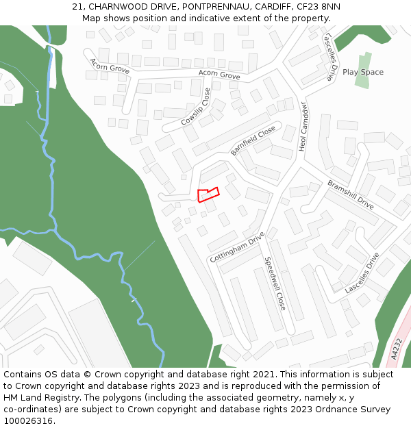 21, CHARNWOOD DRIVE, PONTPRENNAU, CARDIFF, CF23 8NN: Location map and indicative extent of plot