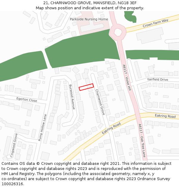 21, CHARNWOOD GROVE, MANSFIELD, NG18 3EF: Location map and indicative extent of plot